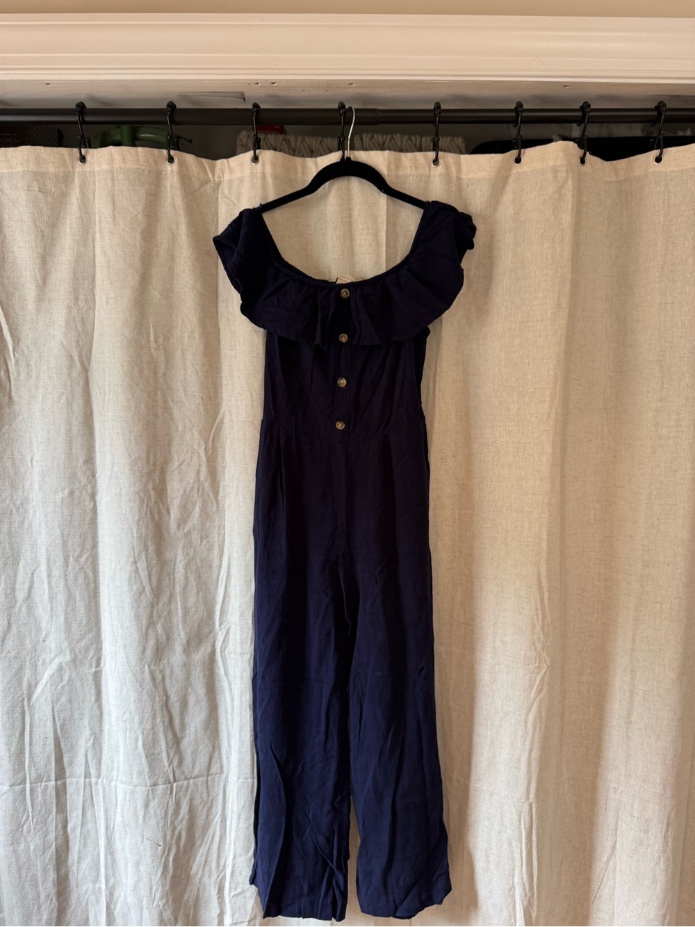 Monteau Navy One-Shoulder Jumpsuit with Ruffle Neckline